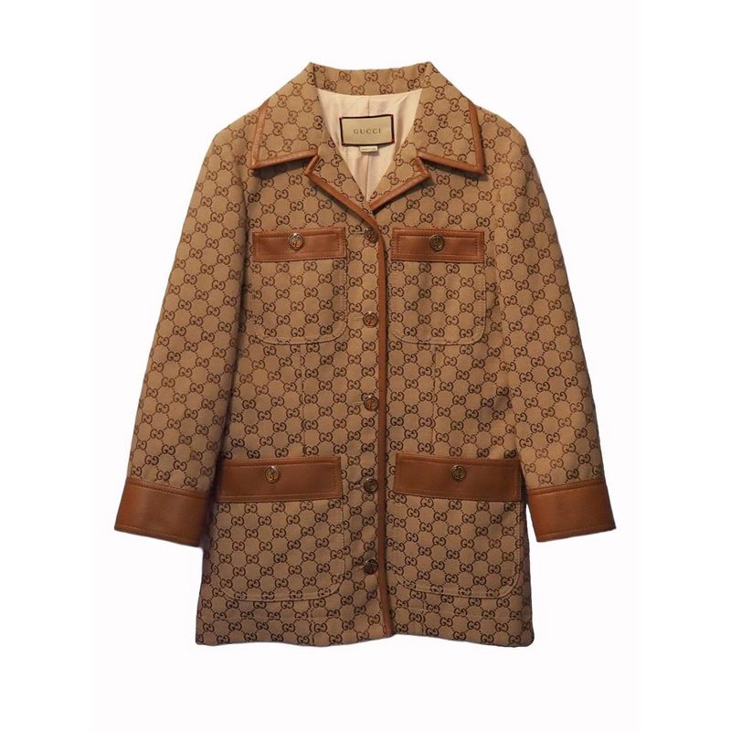Gucci GG Canvas Jacket Web Stripe with Belt Women's Outerwear Leather Trim
