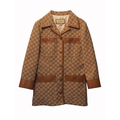 Gucci GG Canvas Jacket Web Stripe with Belt Women's Outerwear Leather Trim