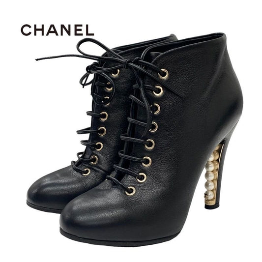 Chanel Boots Short Booties Lace Up Coco Mark Pearl Leather Black