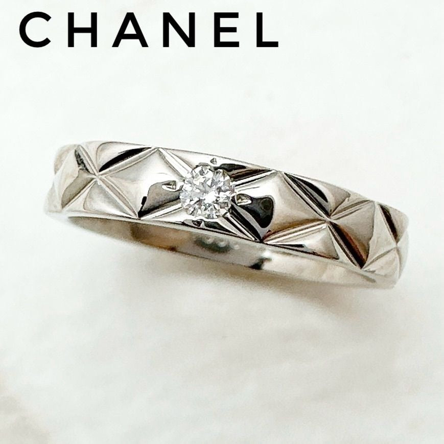 Chanel Quilted Diamond Platinum Ring 49