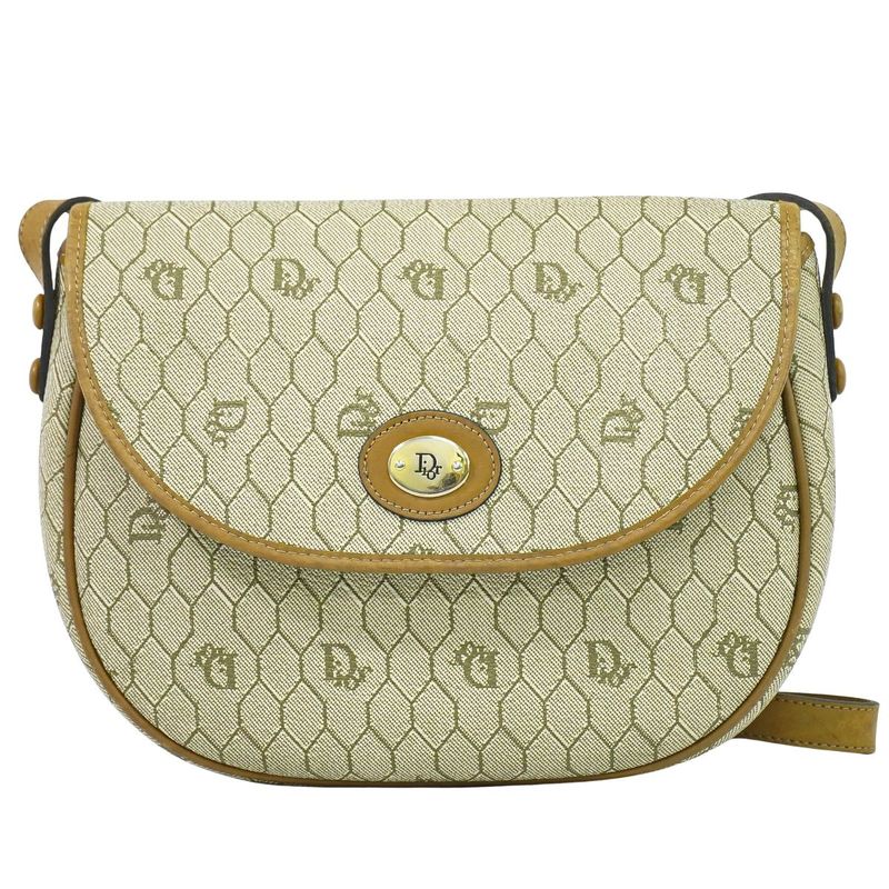 Authentic Christian DIOR Honeycomb Pattern Shoulder Bag Pochette PVC Beige Bag