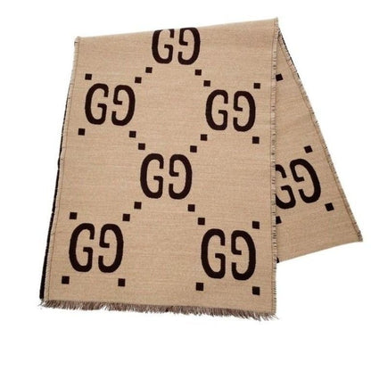 Gucci Scarf GG Jacquard Brown Beige 91% Wool 9% Silk