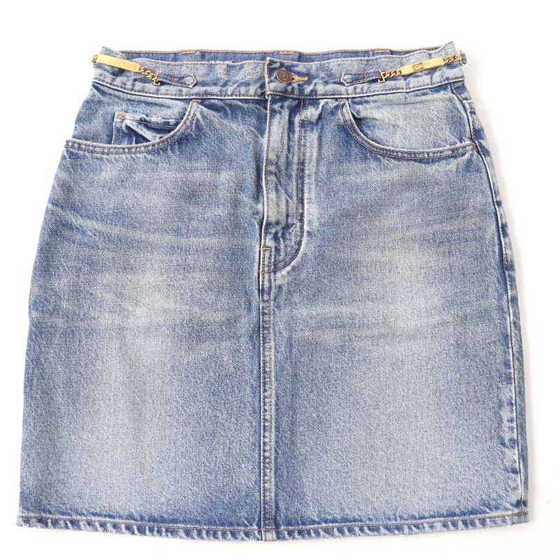 Celine S195 571Q 08YC Cotton Washed Denim Skirt With Logo Plate Chain Indigo 28