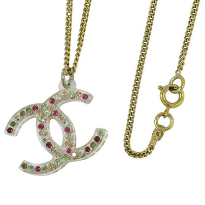 Authentic Chanel Coco Mark Rhinestone Necklace Pendant Plastic GP Gold Plated
