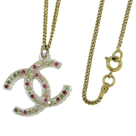Authentic Chanel Coco Mark Rhinestone Necklace Pendant Plastic GP Gold Plated