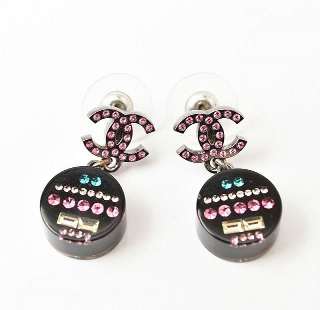 Chanel Earrings Chanel CC Coco Mark Circle Rhinestone Multicolor Rose Black