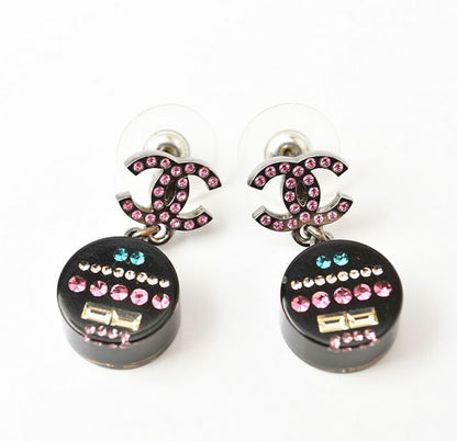 Chanel Earrings Chanel CC Coco Mark Circle Rhinestone Multicolor Rose Black