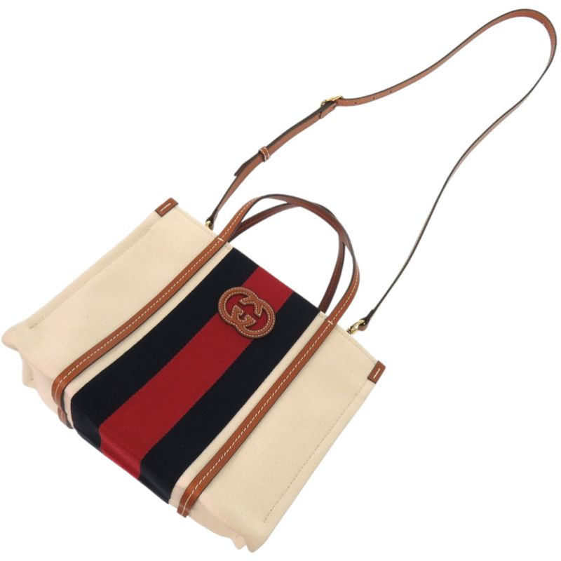 Gucci 2way Sherry Line Interlocking G Patch 727728 Canvas White Tote Bag 0254