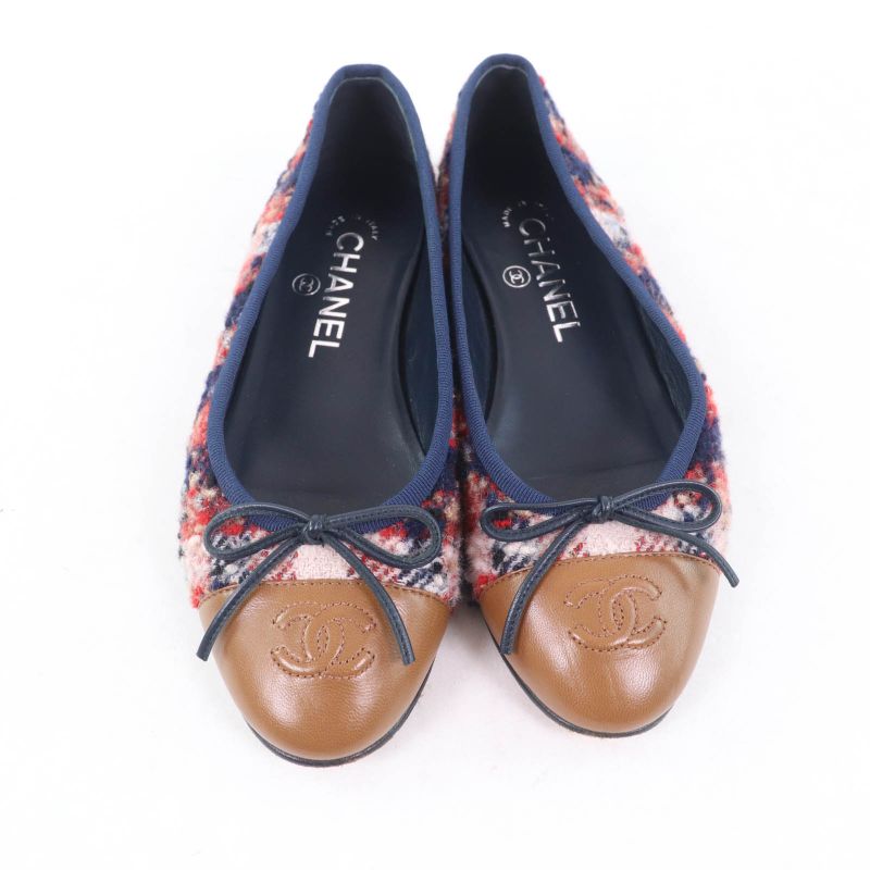 CHANEL Ballerina With Coco Mark Ribbon Leather Use Tweed Flat Pumps Multi 35.5
