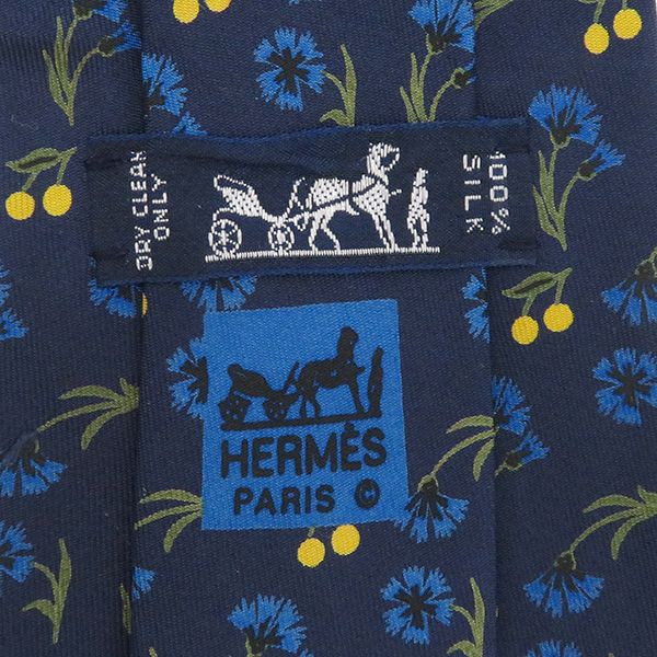 Hermes Tie Botanical Pattern 9cm (3.54in) Silk Navy and Multicolor Navy Blue