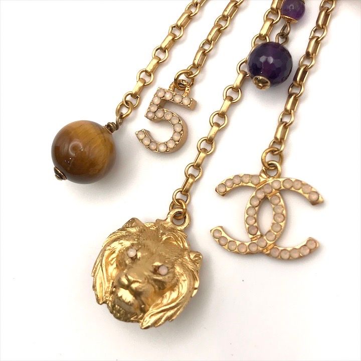 Chanel CC Logo Lion Motif Color Stone Taiga Eye Brooch Gold