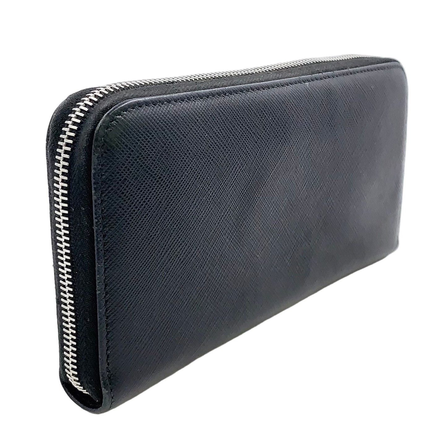 Prada Logo Zip Around Leather Black Wallet Silver — view 2