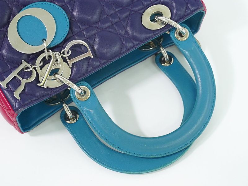 Authentic Christian DIOR Lady Dior Cannage Handbag Leather Purple Pink Blue Bag