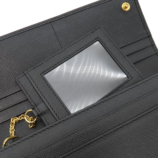 Prada Long Wallet Ribbon Flap Wallet Saffianoleather Black Goldhardware Black