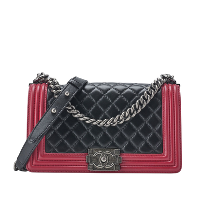 Chanel Boy Chanel Matelasse Chain Shoulder Lambskin Black And Red (silver