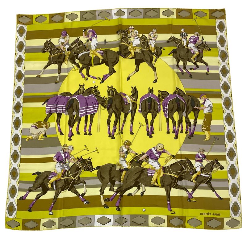 Hermes Carre 90 Scarf Silk LES Poneys DE POLO Large Size Horse Print Yellow