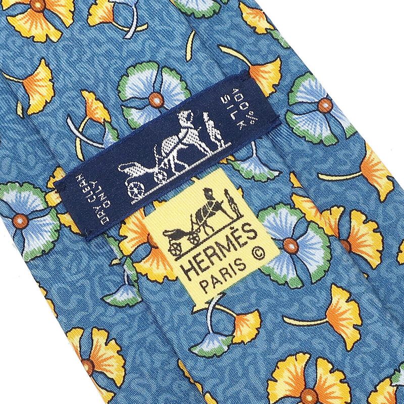Hermes Tie Botanical Pattern 9cm (3.54in) Silk Blue and Multicolor Blue Ginkgo