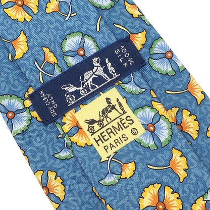 Hermes Tie Botanical Pattern 9cm (3.54in) Silk Blue and Multicolor Blue Ginkgo