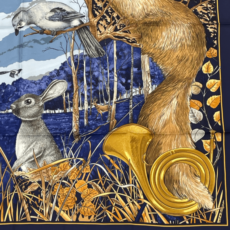Hermes Carre 90 Chasse Au BOIS Hunting In The Woods Blue Scarf 100% Silk