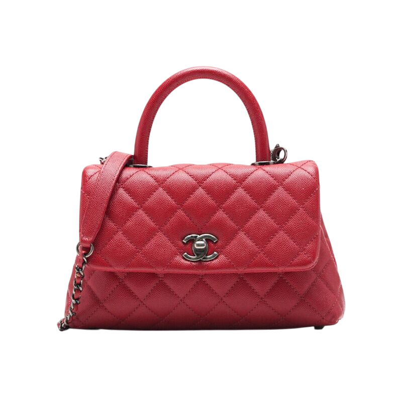 Chanel Matelasse Coco Handle 2WAY Handbag Caviar Skin Red With Silver Hardware