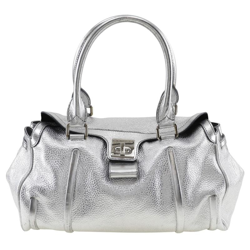 Celine Logo Plate Calf Silver Ladies Handbag