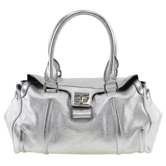 Celine Logo Plate Calf Silver Ladies Handbag