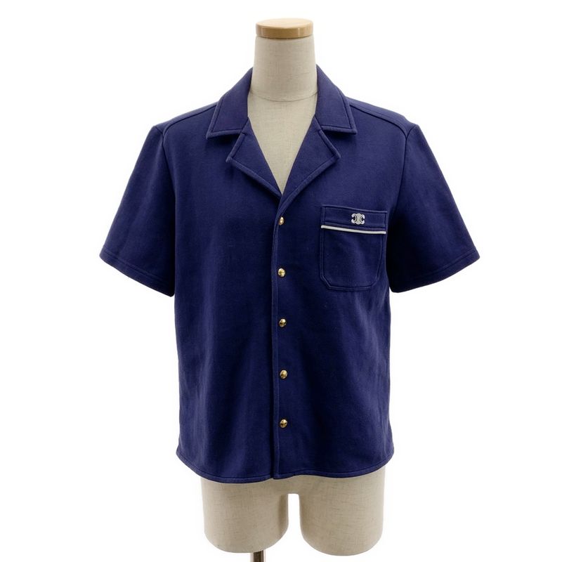 Celine - Triomphe Logo Slit Open Collar Shirt - M - Navy - Women's