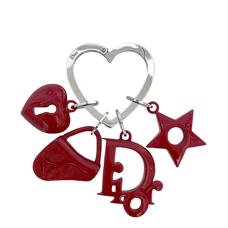 Christian Dior Key Ring Red Silver Excellent Condition Plastic