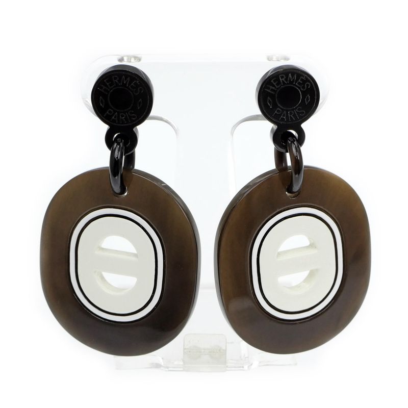 Hermes Earrings Fidelio Village PM Buffalo Horn Dark Brown White