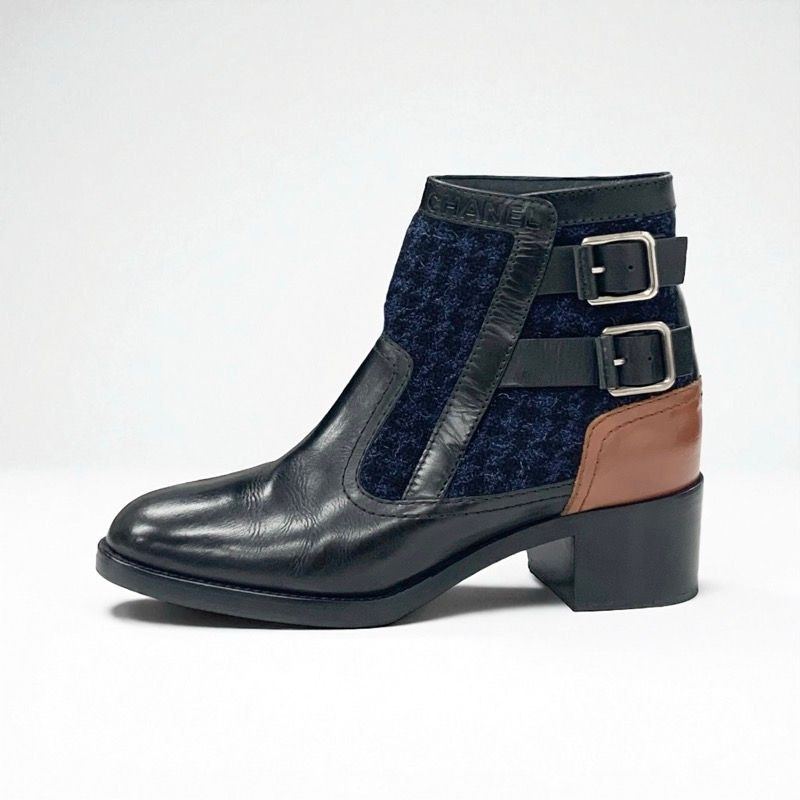 Chanel Boots Short Boots Shoes Tweed Black Navy Brown Logo Belt