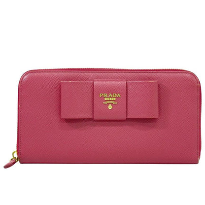 Authentic Prada Ribbon Round Zipper Long Wallet Long Wallet Leather Pink Wallet