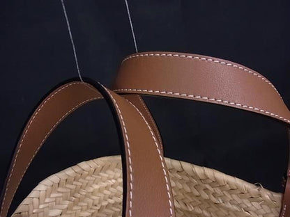 Loewe Anagram Basket Bag Raffia X Leather Handbag Tote Women Brown Fp7236