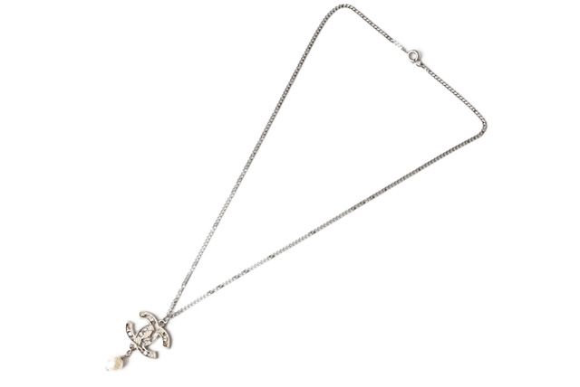 Chanel Necklace Pendant Coco Mark Rhinestone Faux Pearl Silver Rye Togo Old