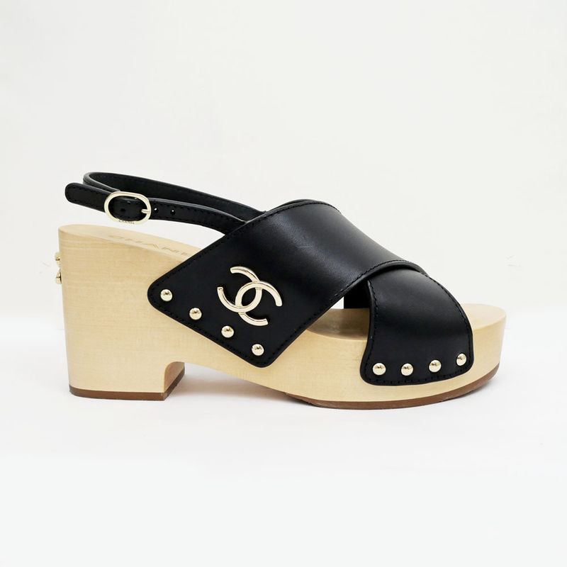 Chanel Wedge Sole Sandals Black Gdhardware G45389 Size 38C Shoes Women's