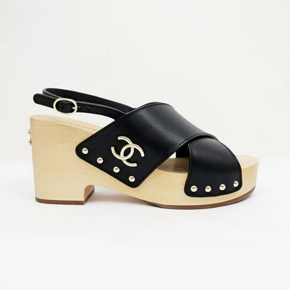Chanel Wedge Sole Sandals Black Gdhardware G45389 Size 38C Shoes Women's