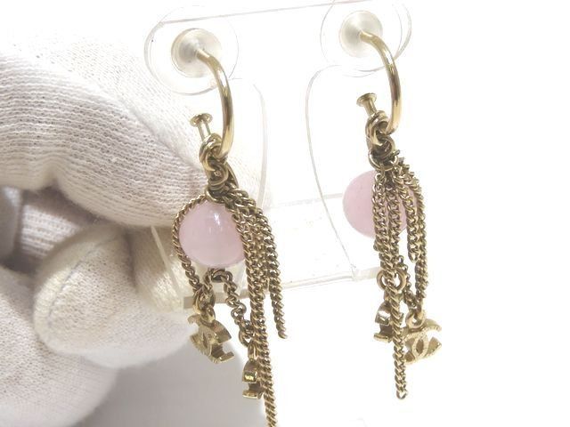 Chanel 09A Chain Earrings Coco Mark Gold Color With Pinkish Stone Ladies