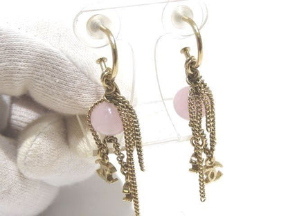 Chanel 09A Chain Earrings Coco Mark Gold Color With Pinkish Stone Ladies