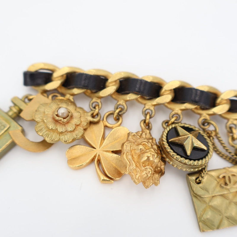 Chanel Vintage Matelasse Coco Mark 8 Charm Chain Brooch Gold Black Plated