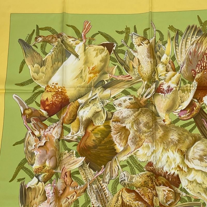Hermes Carre 90 Scarf Linares Animals Birds Camo Yellow