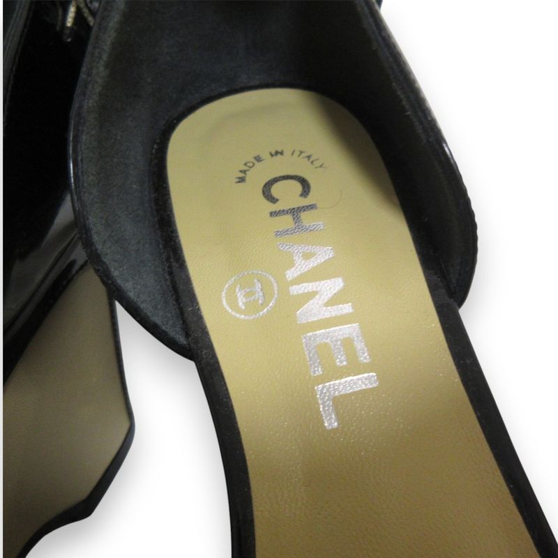 Chanel Patent Leather Platform Ribbon Ankle Strap Heeled Sandals 37.5 Approx