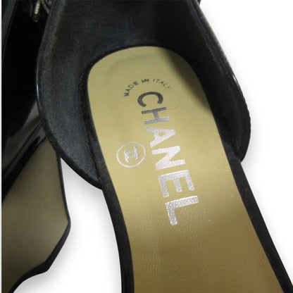 Chanel Patent Leather Platform Ribbon Ankle Strap Heeled Sandals 37.5 Approx