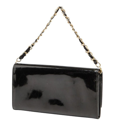 Dior Logo Chain Wallet Long Wallet Handbag Black Gold Patent Leather Women Dior