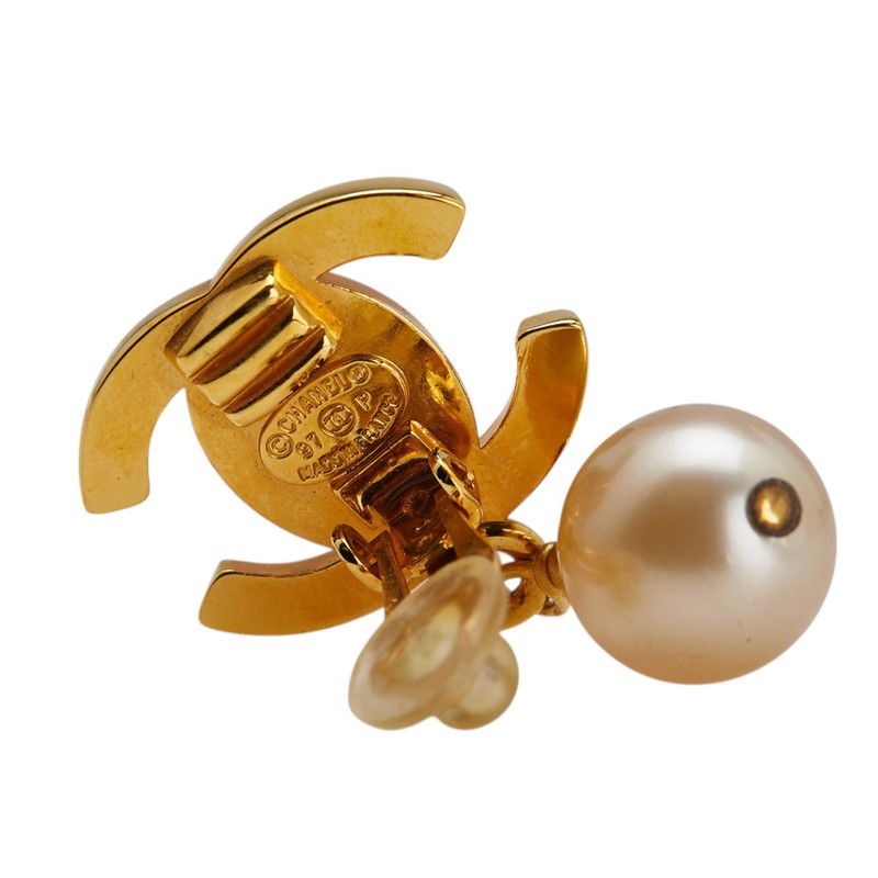 Chanel Coco Mark Turnlock Earrings Swing Gold Plated Faux Pearl Ladies Chanel