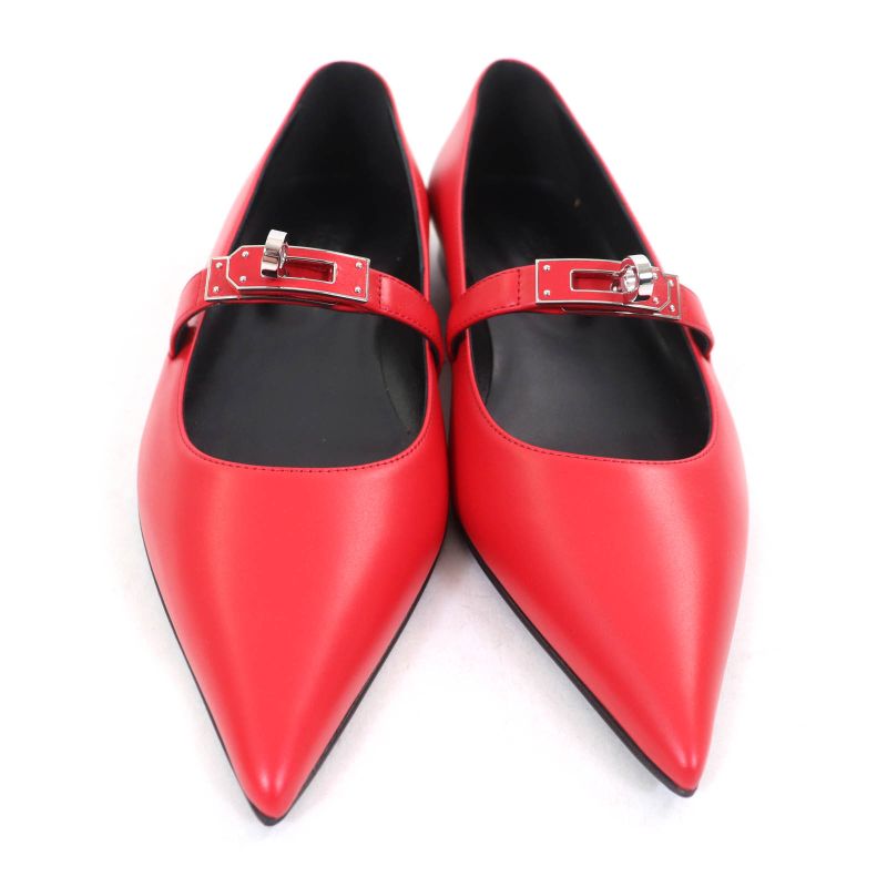 Hermes 25SS 251001z Ballet Shoes Kelly Rouge Vif Kelly Pointed Toe Leather Flat