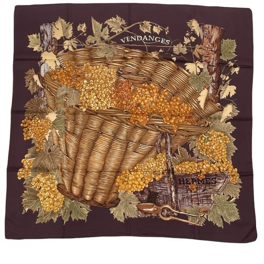 Hermes Carre 90 Scarf Vendanges Grape Harvest Pattern Brown 100% Silk