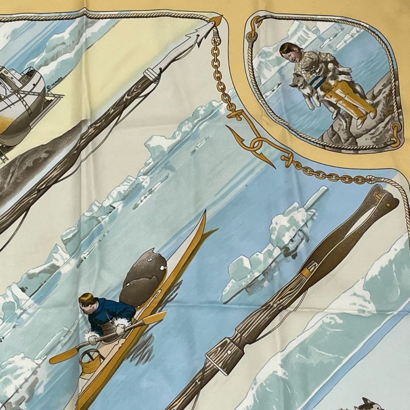 Hermes Carre 90 1982 Gronland Greenland Eskimo Dog Sled Silk Scarf Yellow