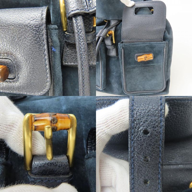 Gucci Backpack Daypack 003.58.0016 Bamboo Suede Leather Navy Gold Hardware