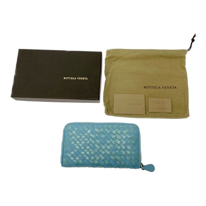 Bottega Veneta Leather Intrecciato Round Zip Wallet Blue 371637 Long Wallet