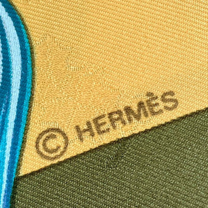 Hermes Carre90 Scarf 100% Silk Plumes Et Grelots Feathers And Bells Green Beige