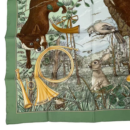 Hermes Carre 90 Chasse Au BOIS Hunting In The Woods Scarf Silk Green